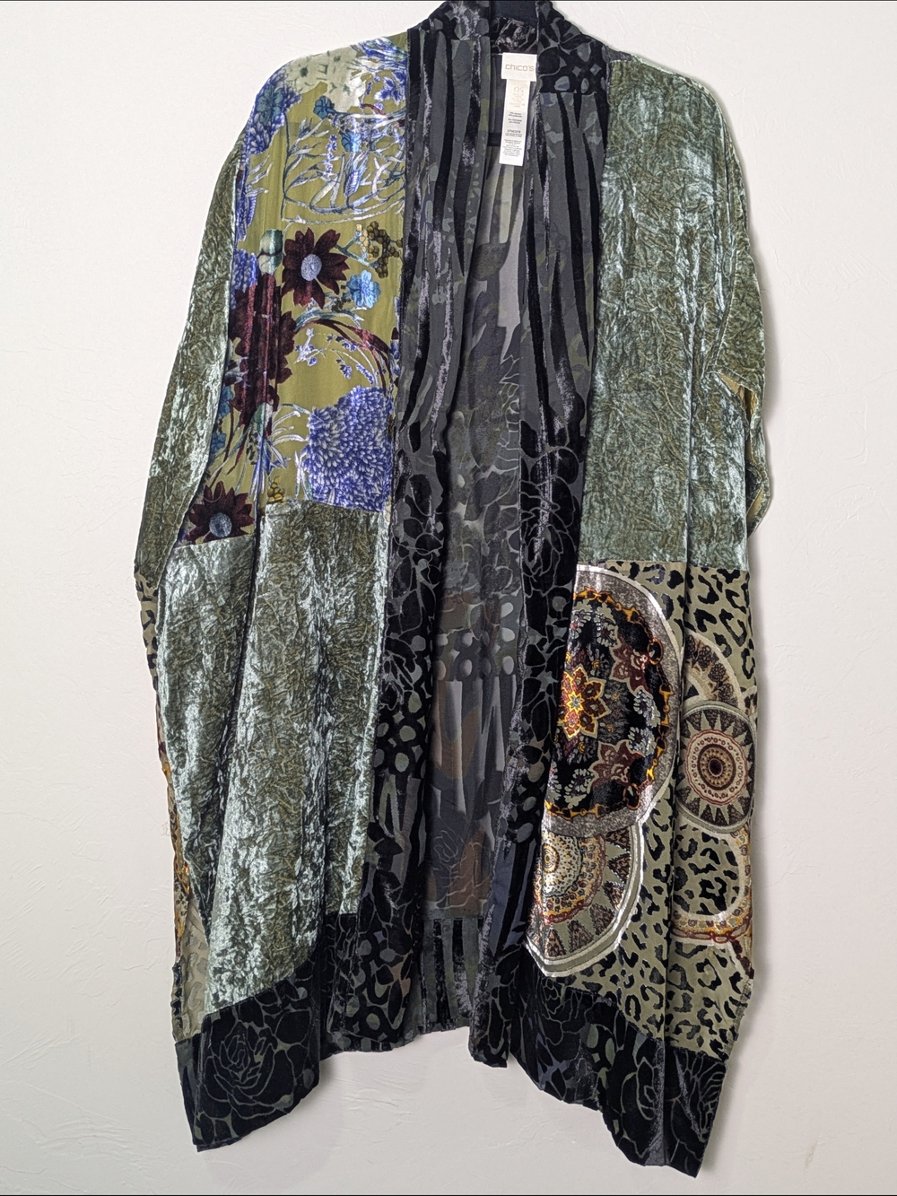 Chico's Mixed Media Patchwork Velvet Burnout Kimono Wrap Topper WhimsiGoth Boho